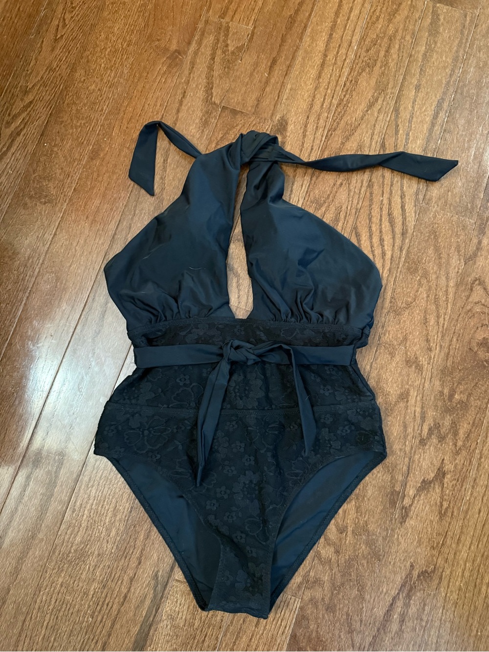 Black Lace-Detail Halter One-Piece Swimsuit